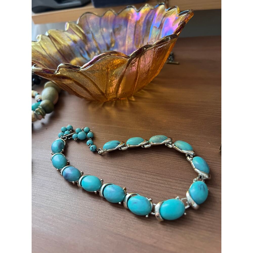 Vintage Coro Faux Turquoise Cabochon Thermostats Necklace Chocker 1950 1960